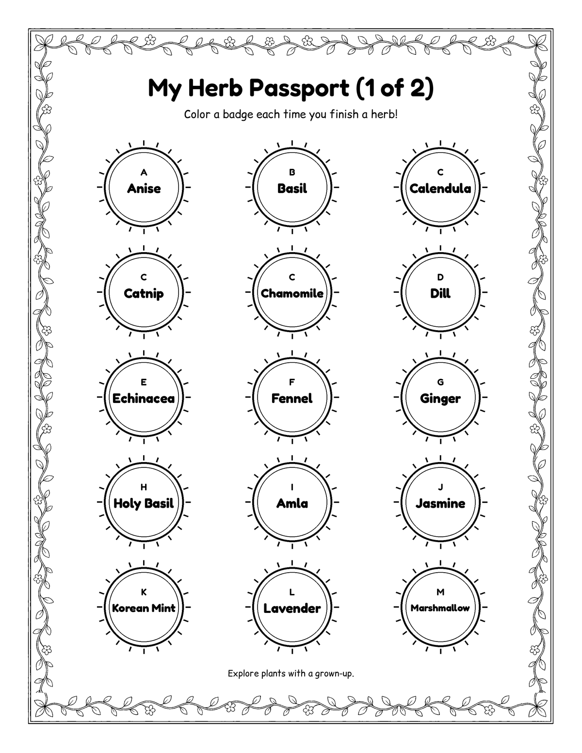 Herb Passport sheet 1 with 15 round badges to color, Anise through Marshmallow.