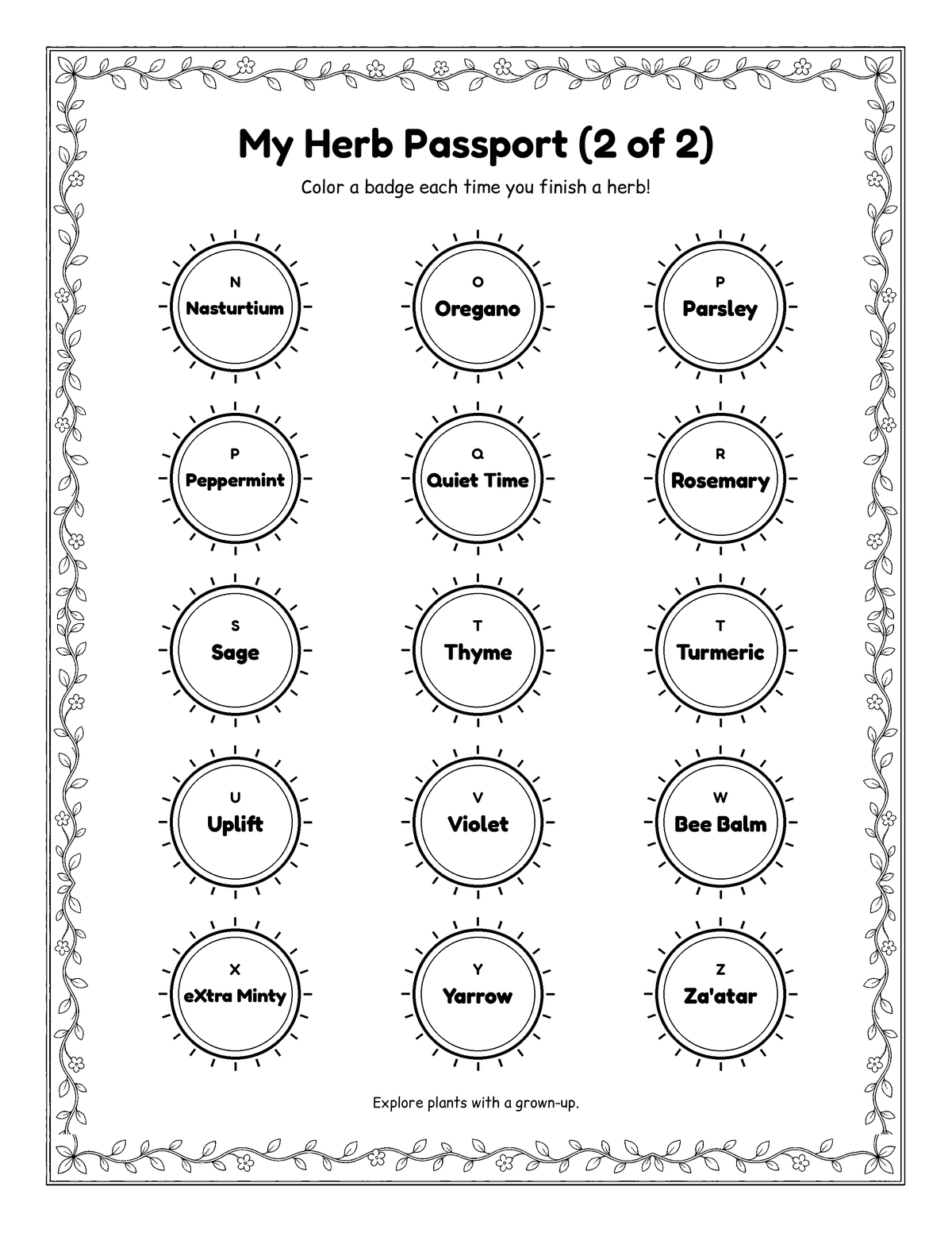 Herb Passport sheet 2 with 15 round badges to color, Nasturtium through Za'atar.